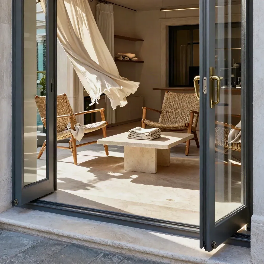 Terrazza suite luminosa con porte-finestre aperte, tavolino in pietra e sedute intrecciate.