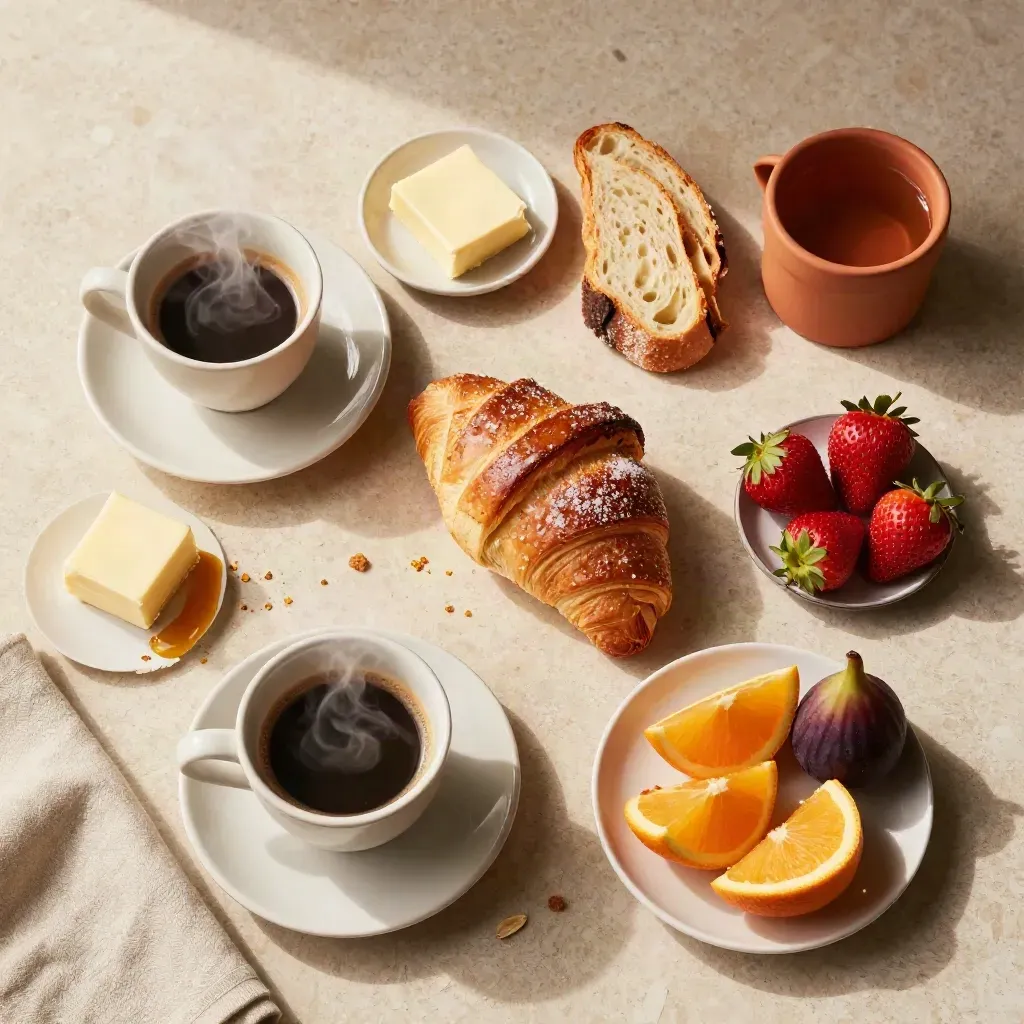 Colazione italiana con espresso, brioche, pane, frutta e burro su travertino chiaro.