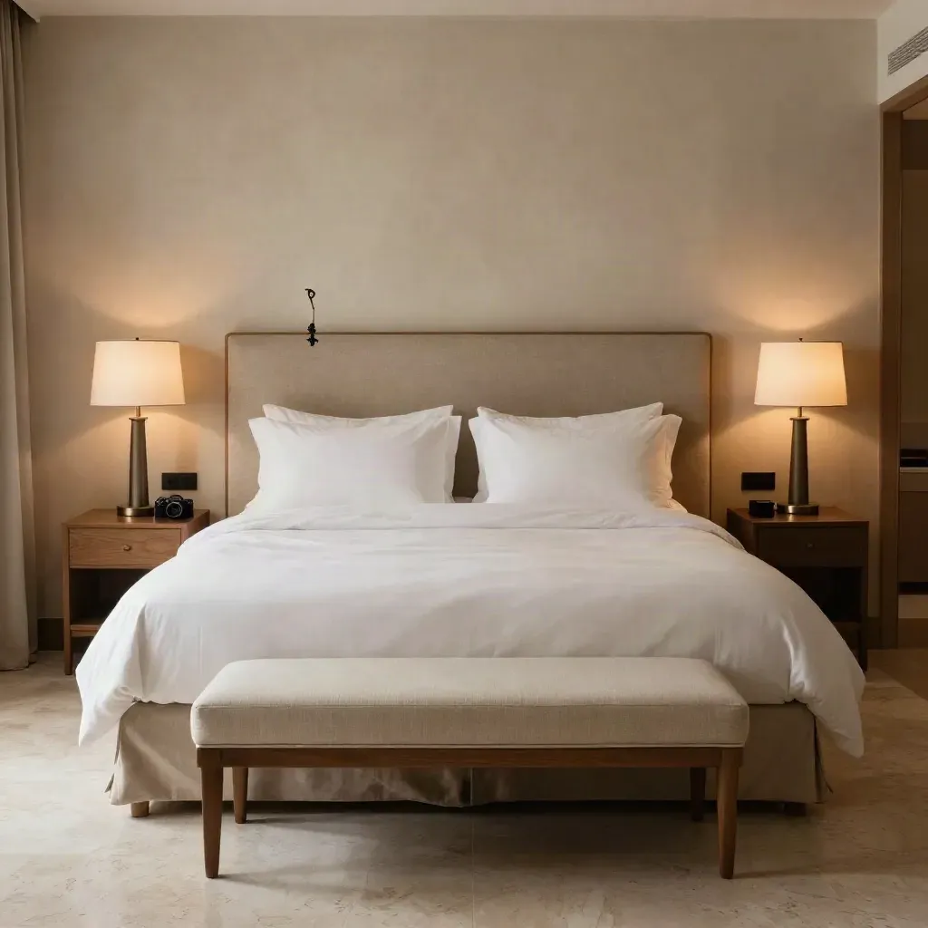 Camera doppia classic elegante con letto king, due abat-jour e panca chiara in hotel boutique.